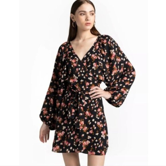 A.L.C. Carlo Black Floral Silk Wrap Mini Dress - Picture 3 of 10